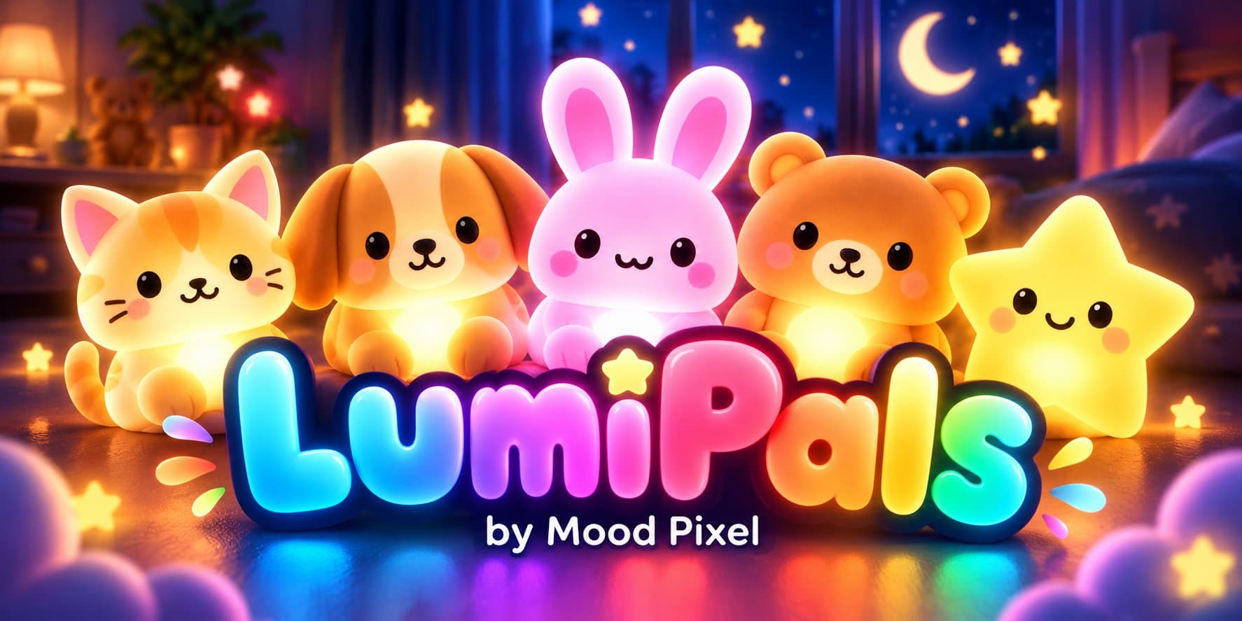 LumiPals by Mood Pixel: glowing Kitty, Pup, Bunny, Bear and Star pals in a cosy bedroom at night